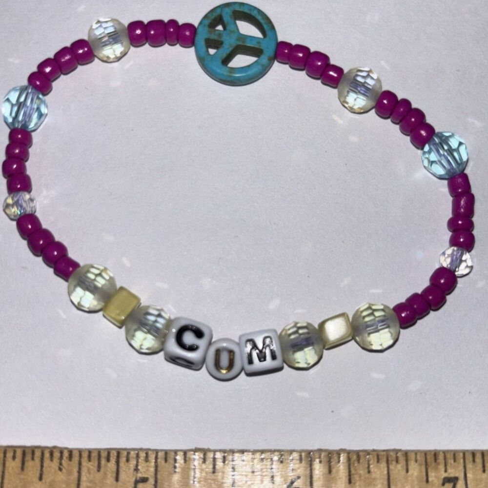 Handmade unisex Beaded Peace Sign Charm Bracelet Purple adult humor
